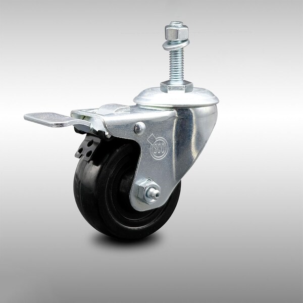 3 Inch SS Hard Rubber Swivel 3/8 Inch Threaded Stem Caster with Total Lock Brake